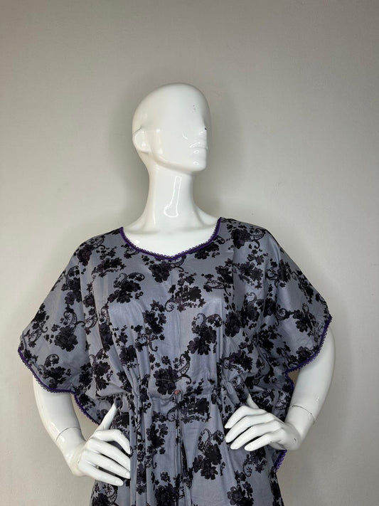 Cool Grey and Onyx printed Pure Cotton V-Neck Kaftan With Matching Border Lace And Adjustable Tie Free Size (Suits for bra size 34″- 40″) | 54-56 Inch Length