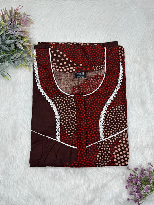 Vivid Auburn and Seal Brown Printed Round Neck Centre Long 12" Zip Pure Cotton Feeding Nighty Free Size Short Sleeve (Suits for bra size 34″- 40″ | 54-56 inch length)