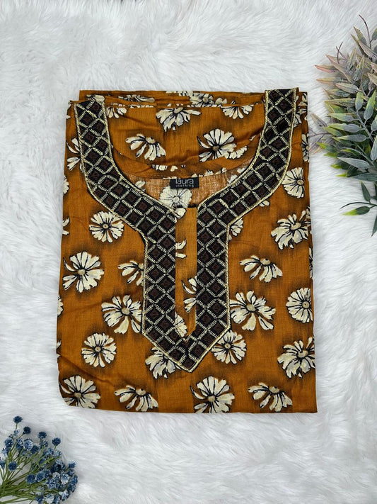 Golden Brown Printed Normal Zip Pure Cotton Matching Neck Embroidery Nighty Free Size Short Sleeve (Suits for bra size 34″- 40″ | 54-56 inch length)