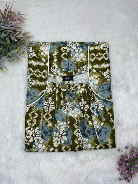 Army Green and Light Slate Gray Printed Cotton Square Neck Elastic Pleated Nighty Free Size Short Sleeve (Suits for bra size 34″- 40″ | 54-56 inch length)