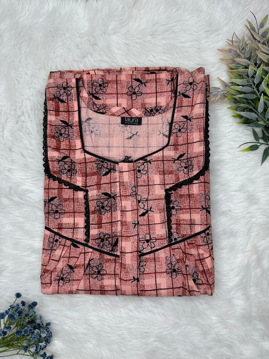 Pale Chestnut Printed Square Neck Centre Long 12" Zip Pure Cotton Feeding Nighty Free Size Short Sleeve (Suits for bra size 34″- 40″ | 54-56 inch length)