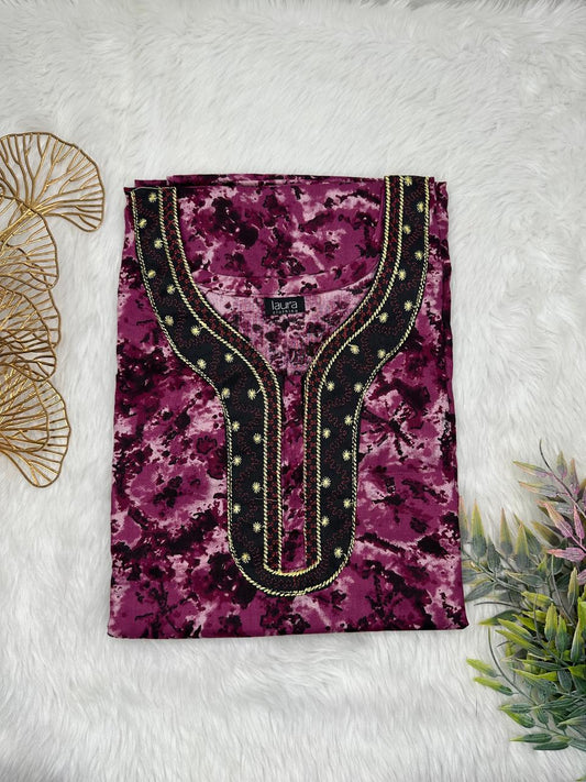 Dark Raspberry Printed Normal Zip Pure Cotton Matching Neck Embroidery Feeding Nighty Free Size Short Sleeve (Suits for bra size 34″- 40″ | 54-56 inch length)