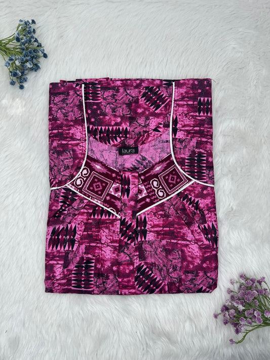 Tyrian Purple Printed Square Neck Pleated Zip Pure Cotton Nighty Free Size Short Sleeve (Suits for bra size 34″- 40″ | 54-56 inch length)