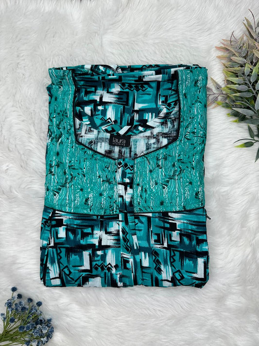 Teal Blue and Midnight Green Printed Square Neck Pleated Pure Cotton Feeding Nighty With Two Side Vertical Zip and Single Centre Zip Free Size Short Sleeve (Suits for bra size 34″- 40″ | 54-56 inch length)