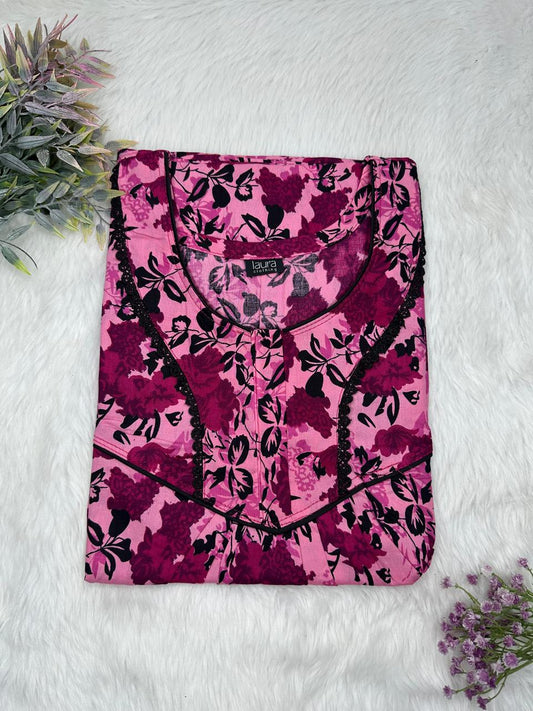 Thulian Pink Printed Round Neck Normal Zip Pure Cotton Nighty Free Size Short Sleeve (Suits for bra size 34″- 40″ | 54-56 inch length)