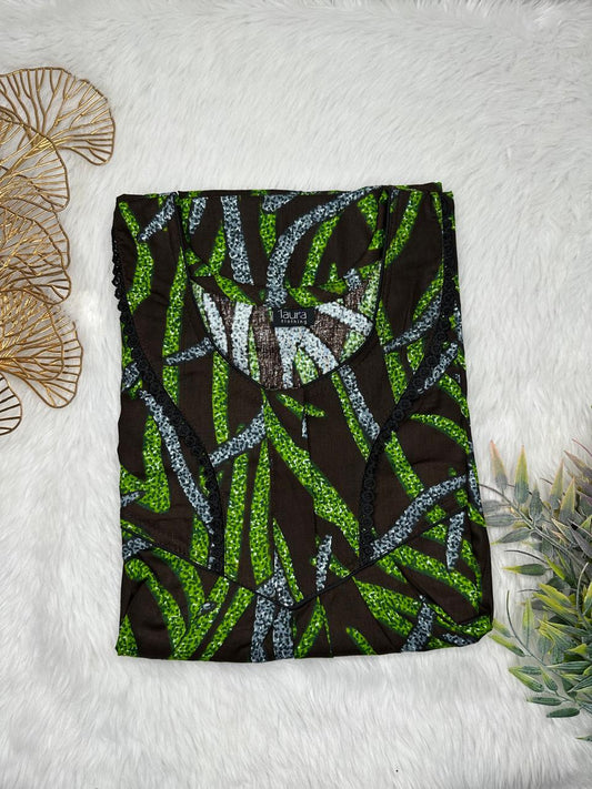 Lincoln Green and Seal Brown Printed Round Neck Normal Zip Pure Cotton Nighty Free Size Short Sleeve (Suits for bra size 34″- 40″ | 54-56 inch length)