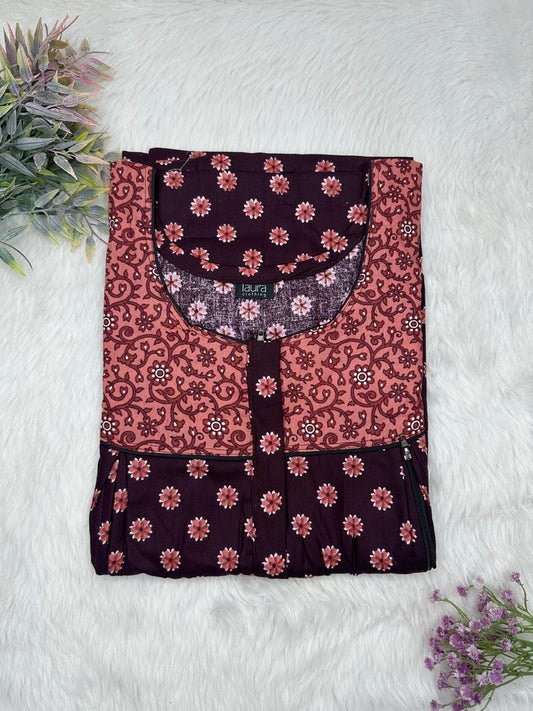Dark sienna and Light Coral Printed Round Neck Pleated Pure Cotton Feeding Nighty With Two Side Vertical Zip and Single Centre Zip Free Size Short Sleeve (Suits for bra size 34″- 40″ | 54-56 inch length)