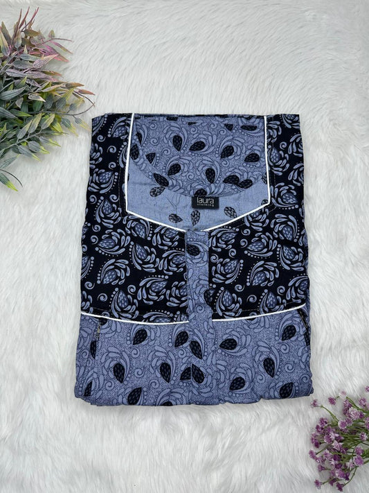 UCLA Blue and Onyx Printed Square Neck Pleated Pure Cotton Feeding Nighty With Two Side Vertical Zip and Single Centre Zip Free Size Short Sleeve (Suits for bra size 34″- 40″ | 54-56 inch length)