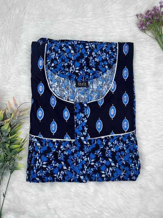 Onyx and Cobalt Printed Round Neck Pleated Pure Cotton Feeding Nighty With Two Side Vertical Zip and Single Centre Zip Free Size Short Sleeve (Suits for bra size 34″- 40″ | 54-56 inch length)