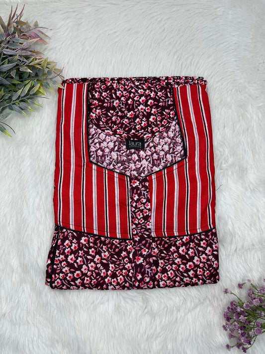 Cornell Red and Turkish Rose Printed Square Neck Pleated Pure Cotton Feeding Nighty With Two Side Vertical Zip and Single Centre Zip Free Size Short Sleeve (Suits for bra size 34″- 40″ | 54-56 inch length)