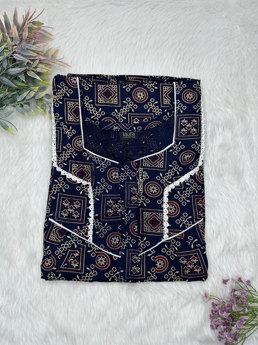 Oxford Blue Printed Square Neck Centre Long 12" Zip Pure Cotton Feeding Nighty Free Size Short Sleeve (Suits for bra size 34″- 40″ | 54-56 inch length)