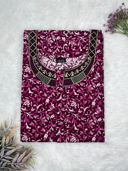 Mulberry Printed 8" Long Zip Matching Embroidery Neck Pure Cotton Feeding Nighty Plus Size Short Sleeve (Suits for bra size 40″- 46″ | 54"-56" inch length)