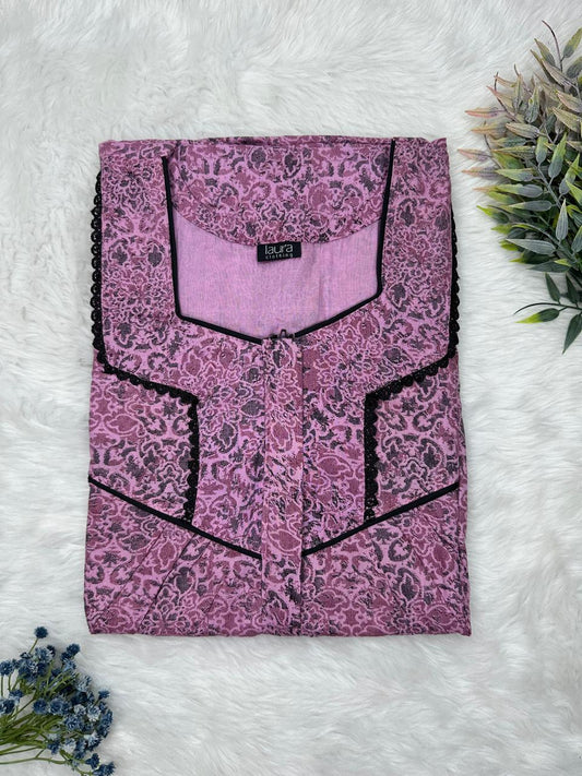 Antique Fuchsia Printed Square Neck Centre Long 12" Zip Pure Cotton Feeding Nighty Free Size Short Sleeve (Suits for bra size 34″- 40″ | 54-56 inch length)