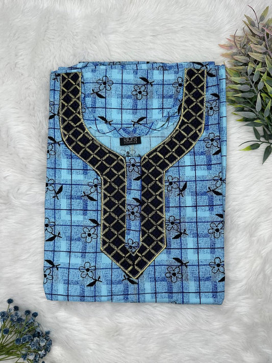 Moonstone Blue and Onyx Printed Normal Zip Embroidery Neck Pure Cotton Maternity Nighty Plus Size Short Sleeve (Suits for bra size 40″- 46″ | 54-56 inch length)