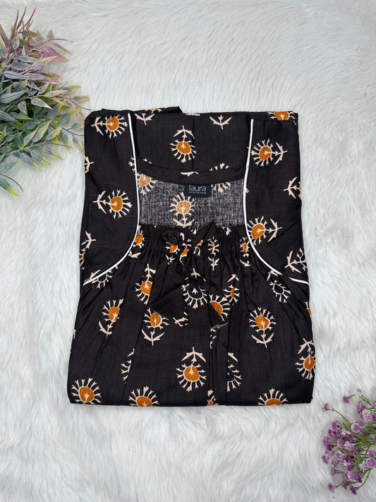 Onyx Printed Cotton Square Neck Elastic Pleated Nighty Free Size Short Sleeve (Suits for bra size 34″- 40″ | 54-56 inch length)