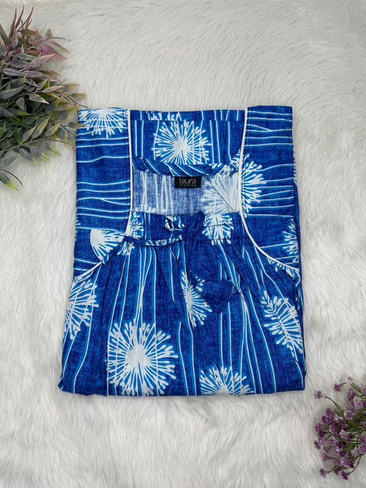 Smalt Printed Cotton Square Neck Elastic Pleated Nighty Free Size Short Sleeve (Suits for bra size 34″- 40″ | 54-56 inch length)
