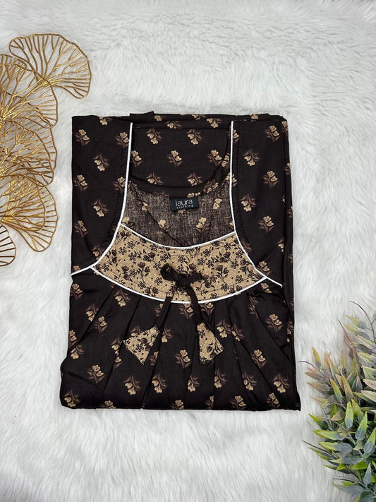 Smoky Black Floral Printed Square Neck No Zip Pleated Pure Cotton Nighty Free Size Short Sleeve (Suits for bra size 34″- 40″ | 54-56 inch length)