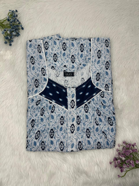 Light Gray Printed Square Neck Pleated Zip Pure Cotton Nighty Free Size Short Sleeve (Suits for bra size 34″- 40″ | 54-56 inch length)