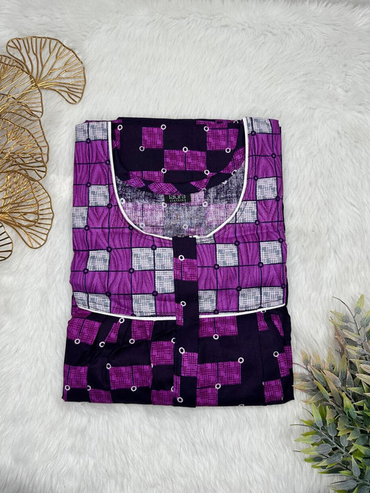 Palatinate Purple and Onyx Printed Mix N Match Round Neck Pleated Cotton Nighty With Centre -8″ Zip Short Sleeve Free Size (Suits for bra size 34″- 40″ | 54-56 inch length