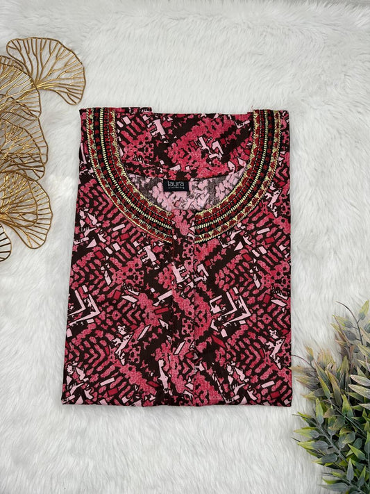 Dark Terra Cotta Printed 12" Long Zip Pure Cotton Matching Neck Embroidery Feeding Nighty Free Size Short Sleeve (Suits for bra size 34″- 40″ | 54-56 inch length)