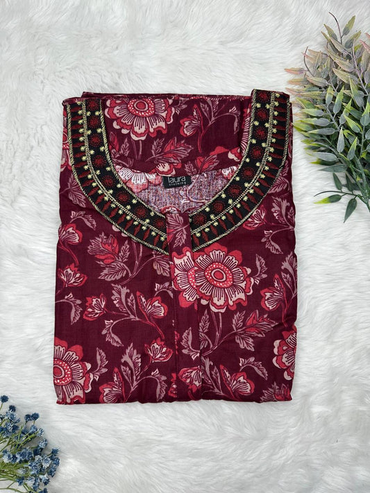 Dark Sienna and Brick Red Printed 12" Long Zip Matching Embroidery Neck Pure Cotton Feeding Nighty Plus Size Short Sleeve (Suits for bra size 40″- 46″ | 54"-56" inch length)