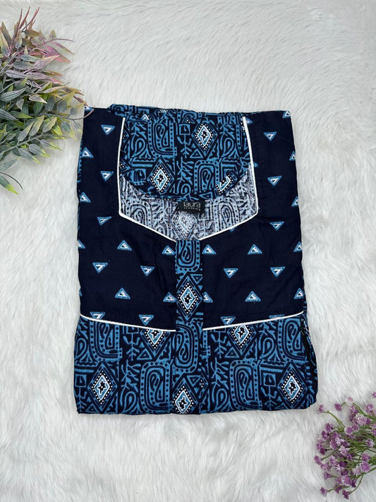 Tufts Blue and Dark Blue Printed Square Neck Pleated Pure Cotton Feeding Nighty With Two Side Vertical Zip and Single Centre Zip Free Size Short Sleeve (Suits for bra size 34″- 40″ | 54-56 inch length)