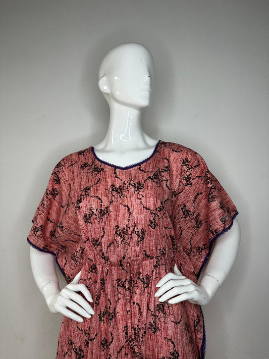 Light coral and Onyx printed Pure Cotton V-Neck Kaftan With Matching Border Lace And Adjustable Tie Free Size (Suits for bra size 34″- 40″) | 54-56 Inch Length