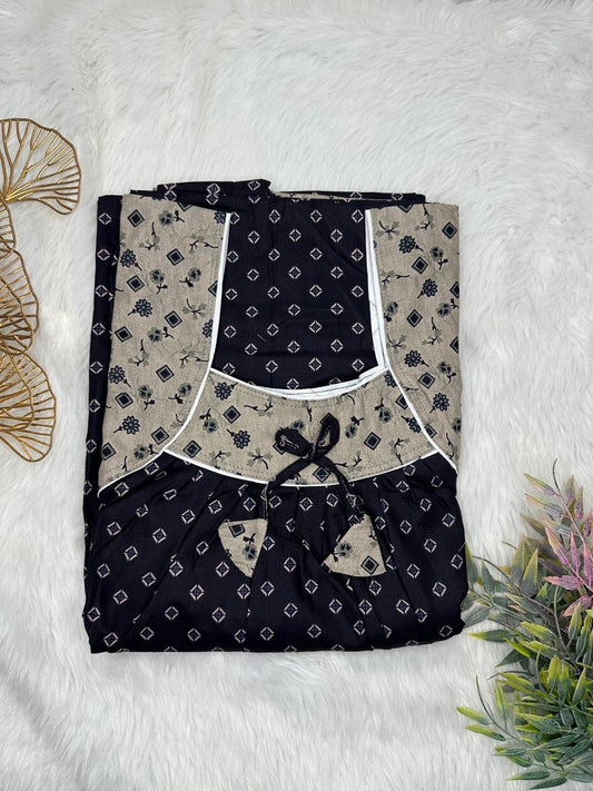 Black Printed Front and Gray Pleated Pure Cotton Nighty Free Size Short Sleeve (Suits for bra size 34″- 40″ | 54-56 inch length)