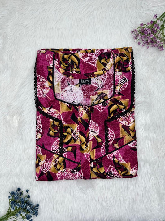 Tyrian Purple Printed Square Neck Centre Long 12" Zip Pure Cotton Feeding Nighty Free Size Short Sleeve (Suits for bra size 34″- 40″ | 54-56 inch length)