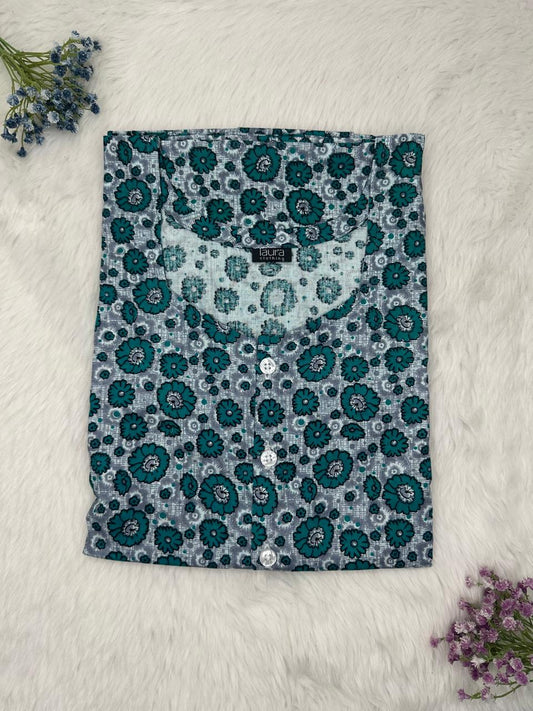 Cadet Grey Printed Round Neck Pure Cotton Full Open Button Labour Room Nighty Free Size Short Sleeve (Suits for bra size 34″- 40″ | 54-56 inch length)