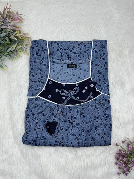 UCLA Blue Printed Square Neck No Zip Pleated Pure Cotton Nighty Free Size Short Sleeve (Suits for bra size 34″- 40″ | 54-56 inch length)
