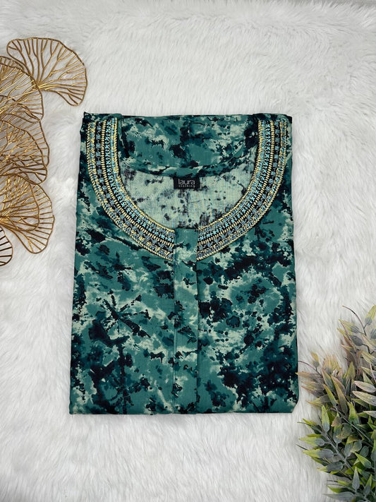 Hooker Green and Dark green Printed 12" Long Zip Pure Cotton Matching Neck Embroidery Feeding Nighty Free Size Short Sleeve (Suits for bra size 34″- 40″ | 54-56 inch length)