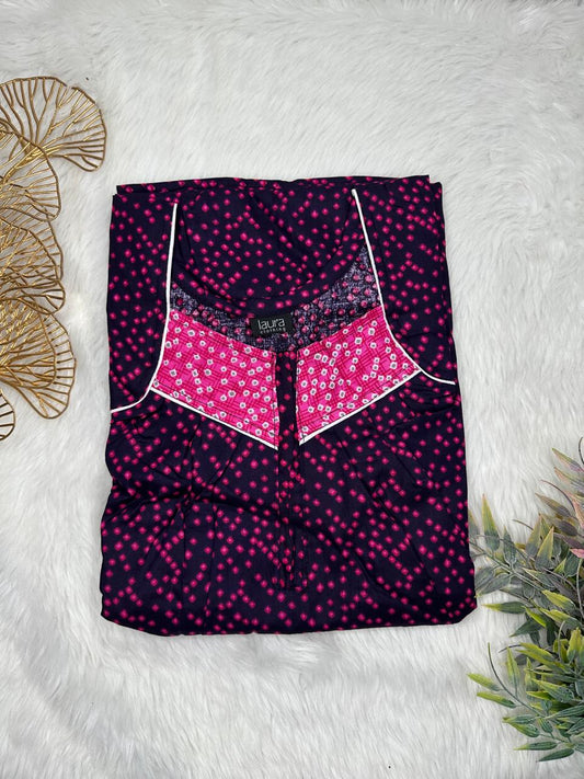 Oxford Blue Printed Square Neck Pleated Zip Pure Cotton Nighty Free Size Short Sleeve (Suits for bra size 34″- 40″ | 54-56 inch length)