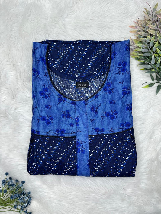 Yale Blue and Oxford Blue Printed Round Neck Pleated Pure Cotton Feeding Nighty With Two Side Vertical Zip and Single Centre Zip Free Size Short Sleeve (Suits for bra size 34″- 40″ | 54-56 inch length)