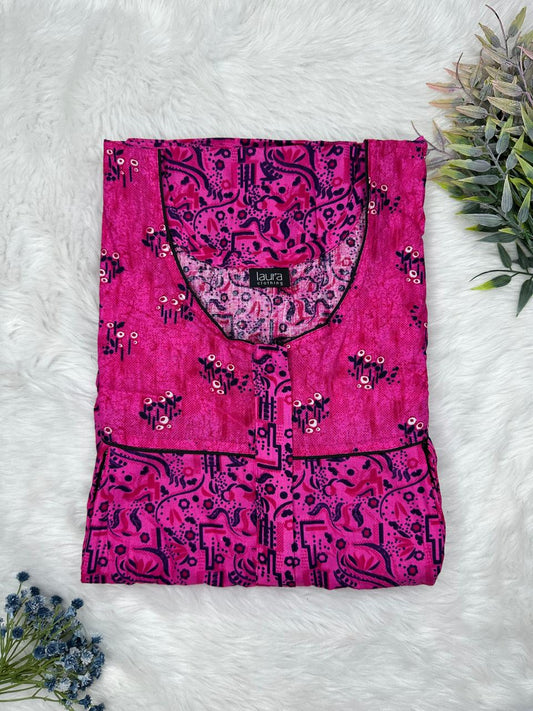 Red Violet and Deep Cerise Printed Round Neck Pleated Pure Cotton Feeding Nighty With Two Side Vertical Zip and Single Centre Zip Free Size Short Sleeve (Suits for bra size 34″- 40″ | 54-56 inch length)