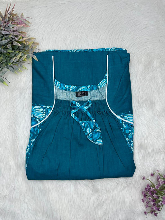 Sea Blue Printed Cotton Square Neck Elastic Pleated Nighty Free Size Short Sleeve (Suits for bra size 34″- 40″ | 54-56 inch length)