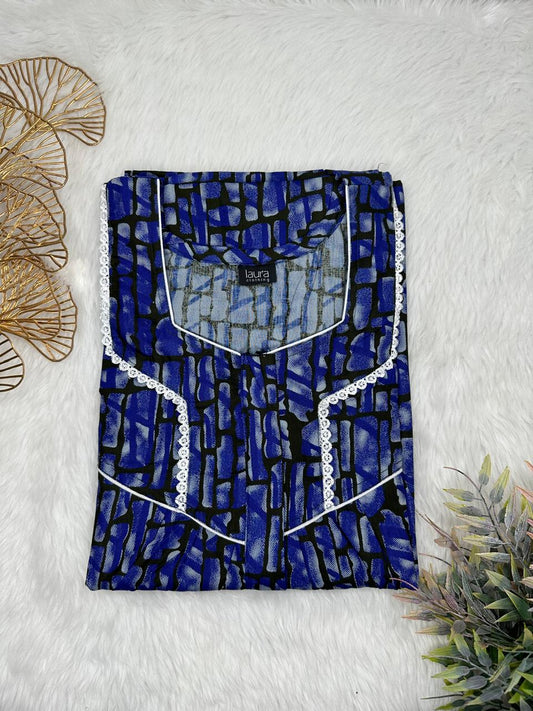 Midnight Blue Printed Square Neck Centre Long 12" Zip Pure Cotton Feeding Nighty Free Size Short Sleeve (Suits for bra size 34″- 40″ | 54-56 inch length)