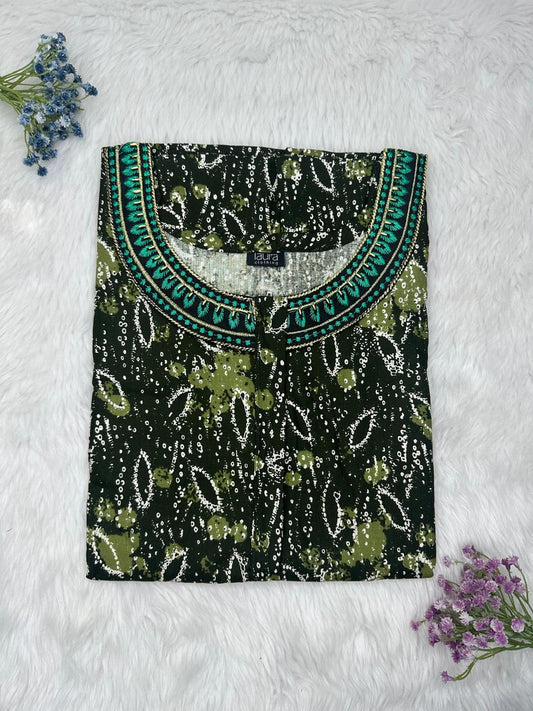 Onyx and Dark Olive Green Printed 12" Long Zip Matching Embroidery Neck Pure Cotton Feeding Nighty Plus Size Short Sleeve (Suits for bra size 40″- 46″ | 54"-56" inch length)