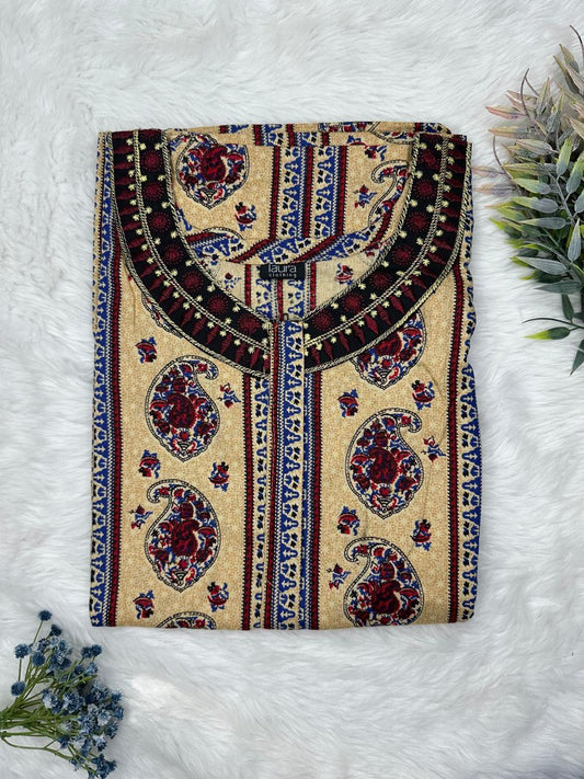 Tan Printed 12" Long Zip Matching Embroidery Neck Pure Cotton Feeding Nighty Plus Size Short Sleeve (Suits for bra size 40″- 46″ | 54"-56" inch length)