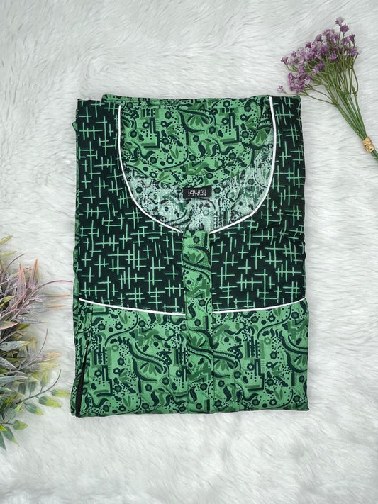 Dark Jungle Green and Mint Printed Round Neck Pleated Pure Cotton Feeding Nighty With Two Side Vertical Zip and Single Centre Zip Free Size Short Sleeve (Suits for bra size 34″- 40″ | 54-56 inch length)