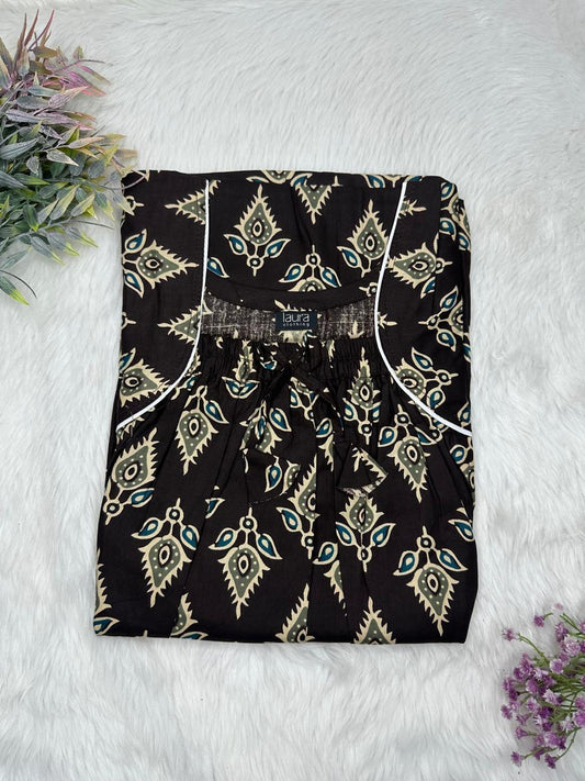 Smoky Black Printed Cotton Square Neck Elastic Pleated Nighty Free Size Short Sleeve (Suits for bra size 34″- 40″ | 54-56 inch length)