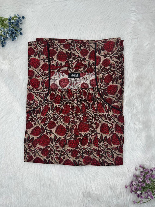 Dark Scarlet Printed Cotton Square Neck Elastic Pleated Nighty Free Size Short Sleeve (Suits for bra size 34″- 40″ | 54-56 inch length)