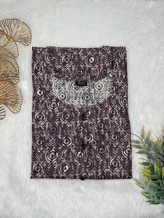 Wenge and Timberwolf Printed Square Neck Pure Cotton Full Open Button Labour Room Nighty Free Size Short Sleeve (Suits for bra size 34″- 40″ | 54-56 inch length)
