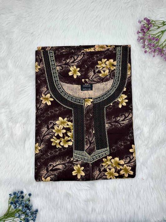 Dark Sienna Normal Zip Embroidery Neck Pure Cotton Nighty Plus Size Short Sleeve (Suits for bra size 40″- 46″ | 54-56 inch length)