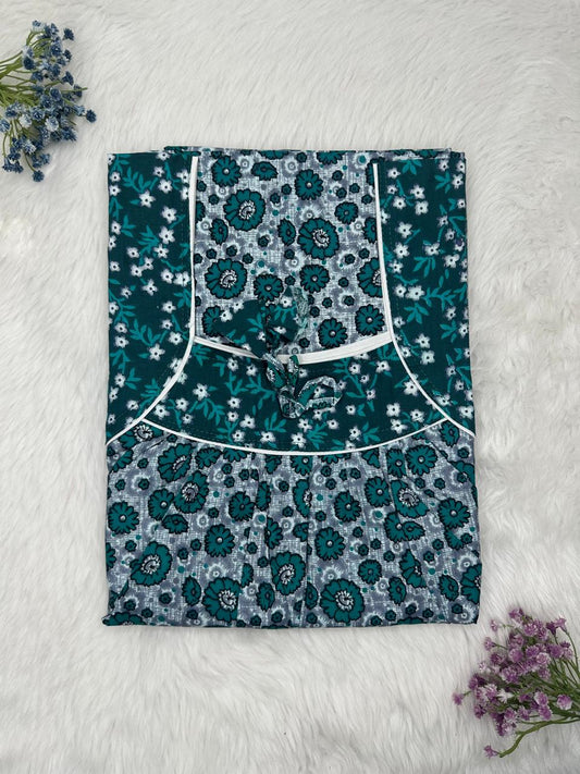 Midnight Green and Lavender Gray Printed Front and Back Pleated Pure Cotton Nighty Free Size Short Sleeve (Suits for bra size 34″- 40″ | 54-56 inch length)