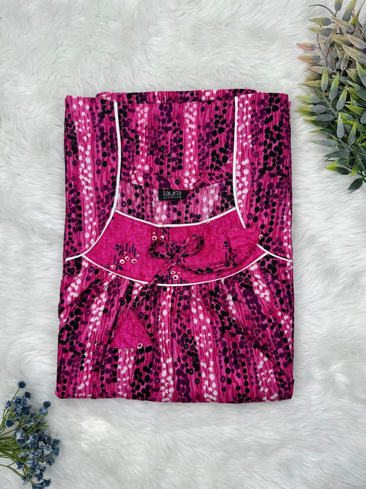 Red Violet Printed Square Neck No Zip Pleated Pure Cotton Nighty Free Size Short Sleeve (Suits for bra size 34″- 40″ | 54-56 inch length)