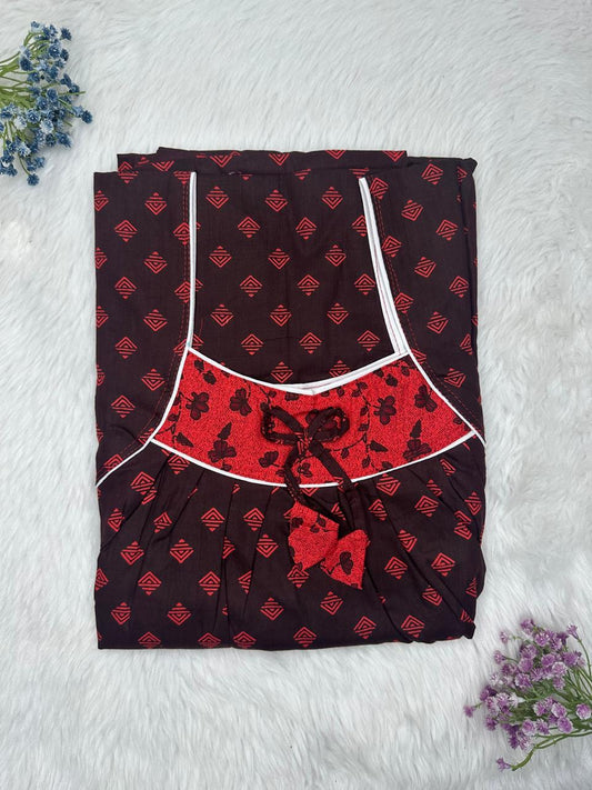 Seal Brown and Red Printed Front and Back Pleated Pure Cotton Nighty Free Size Short Sleeve (Suits for bra size 34″- 40″ | 54-56 inch length)