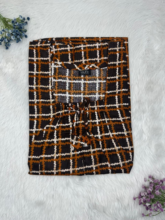 Russet and Onyx Pure Cotton Square Neck Elastic Pleated Nighty Free Size Short Sleeve (Suits for bra size 34″- 40″ | 54-56 inch length)