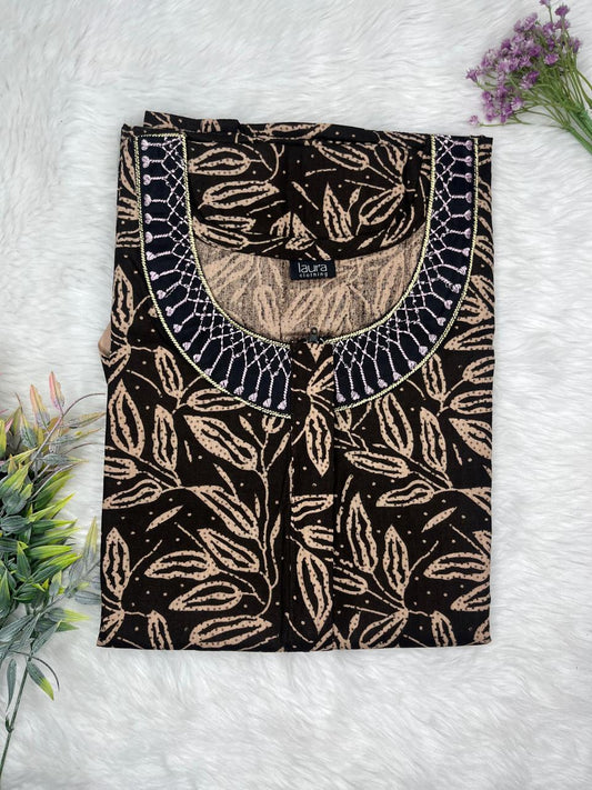 Grullo and Onyx Printed 12" Long Zip Pure Cotton Matching Neck Embroidery Feeding Nighty Free Size Short Sleeve (Suits for bra size 34″- 40″ | 54-56 inch length)