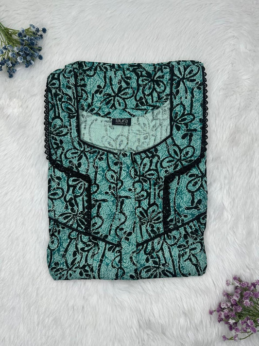 Cadet Blue Printed Square Neck Centre Long 12" Zip Pure Cotton Feeding Nighty Free Size Short Sleeve (Suits for bra size 34″- 40″ | 54-56 inch length)